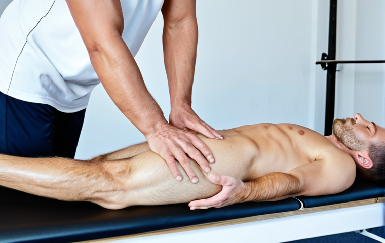 **

A fully clothed sports massage therapist, wearing modest athletic wear, demonstrating a petrissage technique on a male athlete's calf muscle. The athlete is lying face down on a massage table in a clean, well-lit clinic setting. Focus on the therapist's hands and the athlete's leg. Safe for work, appropriate content, professional, perfect anatomy, correct proportions, natural pose, well-formed hands, proper finger count, natural body proportions.

**