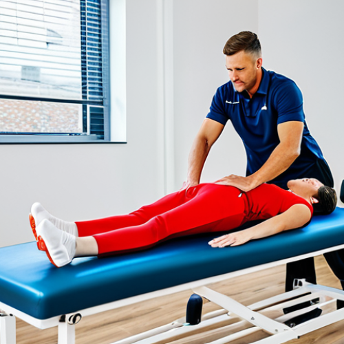 **

"A professional sports massage therapist in a fully clothed, modest uniform, assisting an athlete with stretching exercises in a brightly lit, modern physiotherapy clinic, appropriate content, safe for work, perfect anatomy, natural proportions, professional photography, high quality."

**