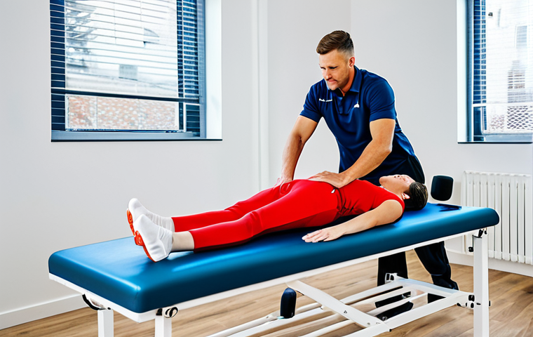 **

"A professional sports massage therapist in a fully clothed, modest uniform, assisting an athlete with stretching exercises in a brightly lit, modern physiotherapy clinic, appropriate content, safe for work, perfect anatomy, natural proportions, professional photography, high quality."

**